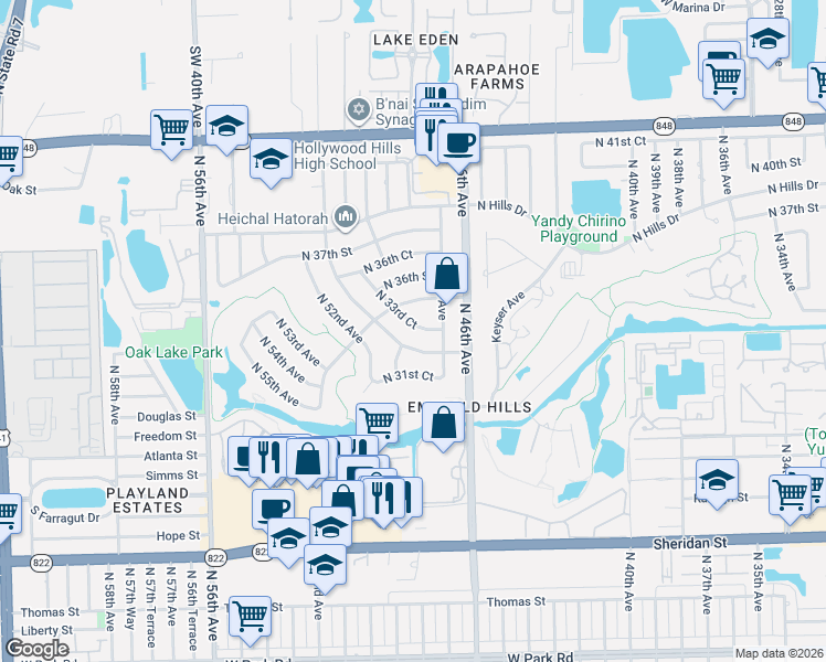 map of restaurants, bars, coffee shops, grocery stores, and more near 4861 Sarazen Drive in Hollywood