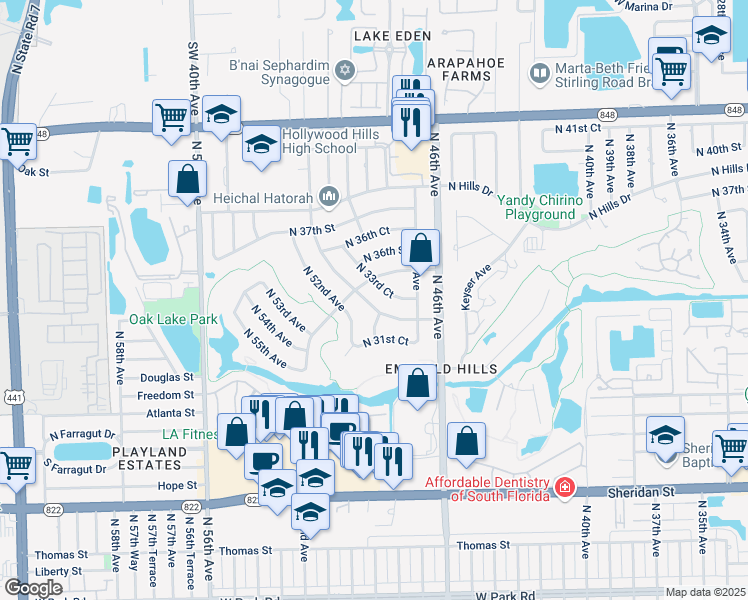 map of restaurants, bars, coffee shops, grocery stores, and more near 4861 Sarazen Drive in Hollywood