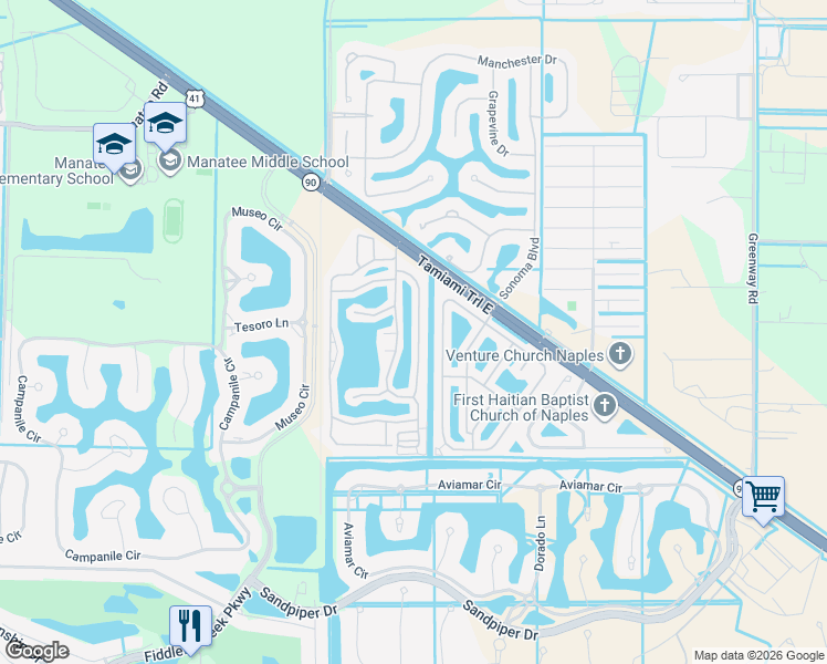 map of restaurants, bars, coffee shops, grocery stores, and more near 270 Bass Lane in Naples