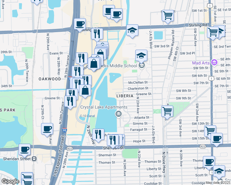 map of restaurants, bars, coffee shops, grocery stores, and more near 2400 Charleston Street in Hollywood