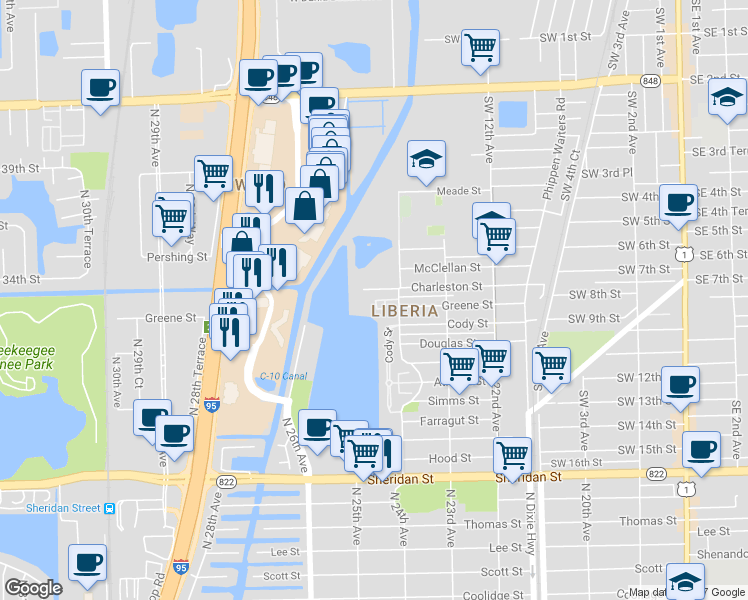 map of restaurants, bars, coffee shops, grocery stores, and more near 2400 Charleston Street in Hollywood