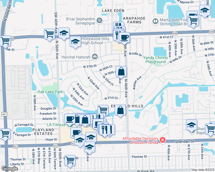 map of restaurants, bars, coffee shops, grocery stores, and more near 4861 Sarazen Drive in Hollywood