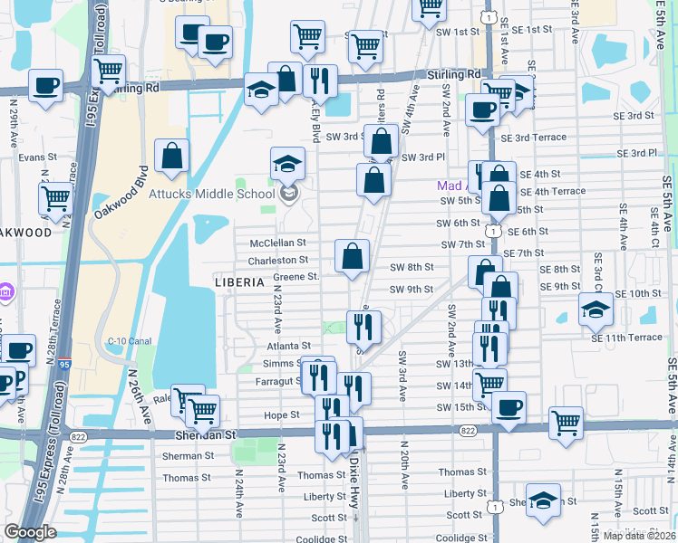 map of restaurants, bars, coffee shops, grocery stores, and more near 717 Southwest 8th Street in Dania Beach