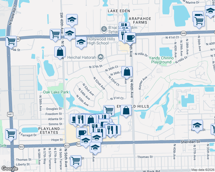 map of restaurants, bars, coffee shops, grocery stores, and more near 3171 North 52nd Avenue in Hollywood