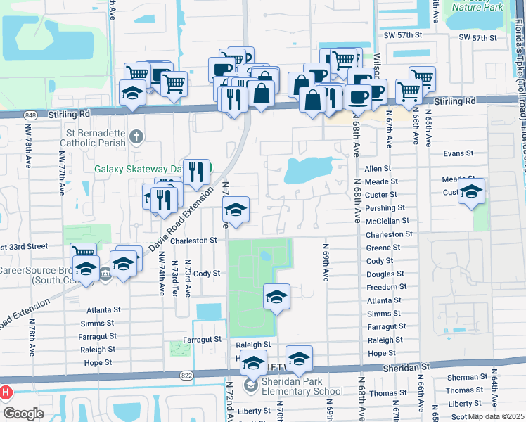 map of restaurants, bars, coffee shops, grocery stores, and more near 7100 Pershing Street in Hollywood