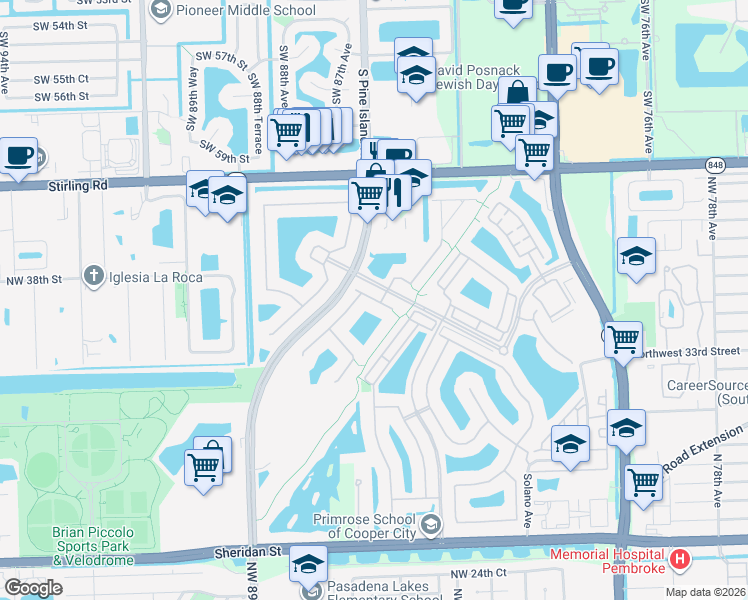 map of restaurants, bars, coffee shops, grocery stores, and more near 8541 Northwest 38th Street in Hollywood