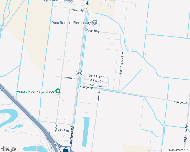 map of restaurants, bars, coffee shops, grocery stores, and more near Los Olmos Drive in Brownsville