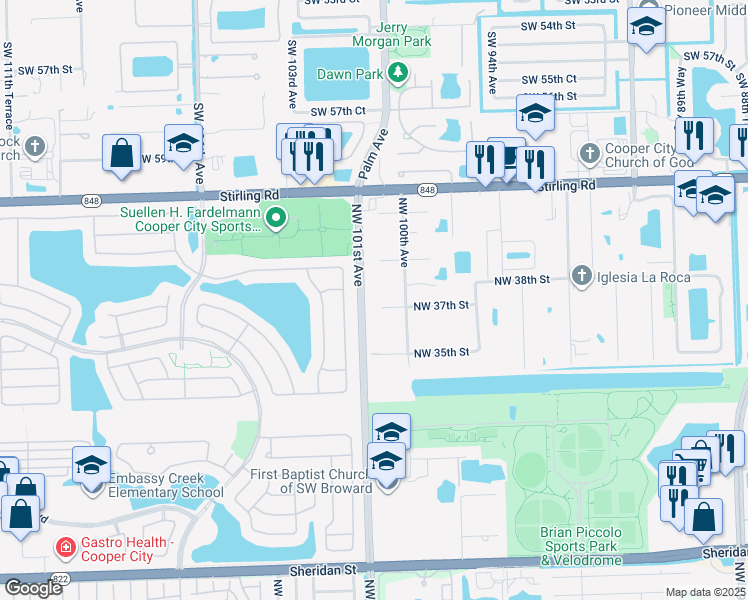 map of restaurants, bars, coffee shops, grocery stores, and more near 10030 Northwest 37th Street in Hollywood