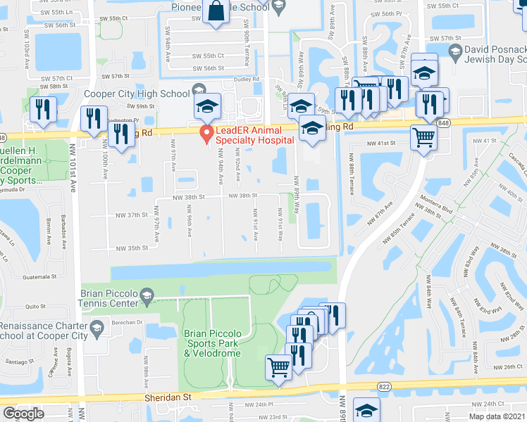 map of restaurants, bars, coffee shops, grocery stores, and more near 3650 Northwest 91st Avenue in Hollywood