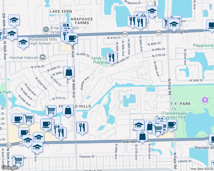 map of restaurants, bars, coffee shops, grocery stores, and more near 4230 Casper Court in Hollywood