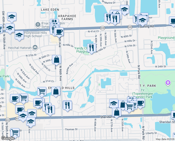 map of restaurants, bars, coffee shops, grocery stores, and more near 4230 Casper Court in Hollywood