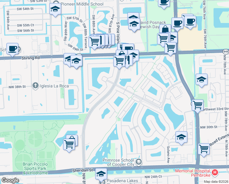 map of restaurants, bars, coffee shops, grocery stores, and more near 3758 Northwest 85th Terrace in Pembroke Pines