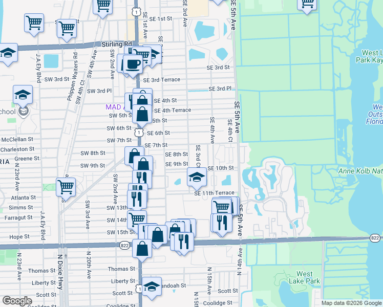 map of restaurants, bars, coffee shops, grocery stores, and more near 707 Southeast 3rd Avenue in Dania Beach