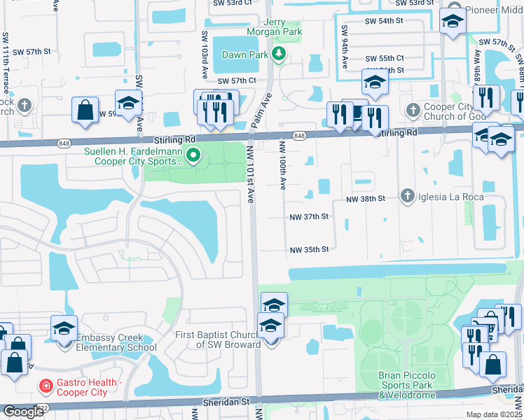map of restaurants, bars, coffee shops, grocery stores, and more near 10030 Northwest 37th Street in Hollywood