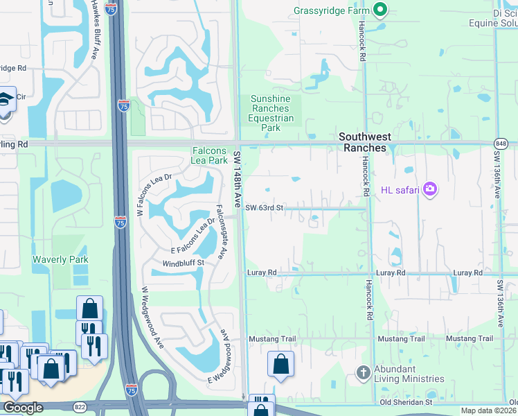 map of restaurants, bars, coffee shops, grocery stores, and more near 14750 Southwest 63rd Street in Southwest Ranches