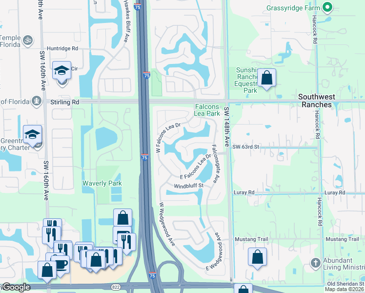 map of restaurants, bars, coffee shops, grocery stores, and more near 15071 Featherstone Way in Davie