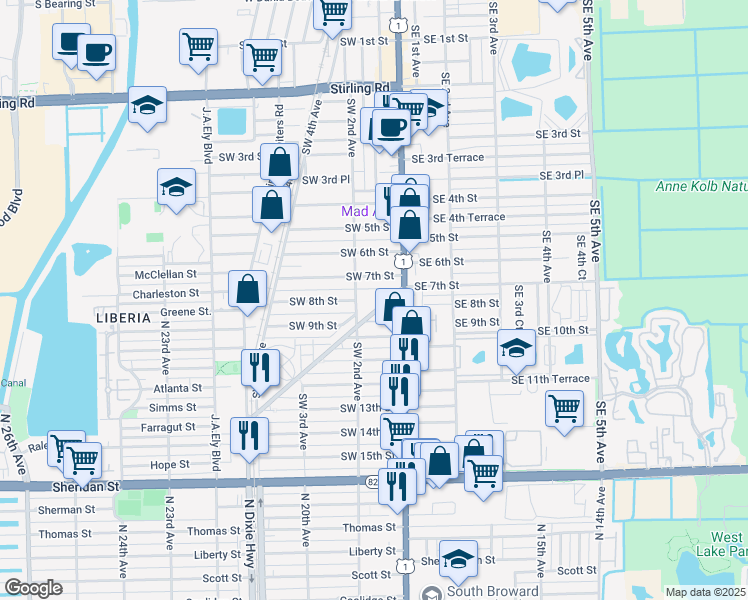 map of restaurants, bars, coffee shops, grocery stores, and more near 2 West Dixie Highway in Dania Beach