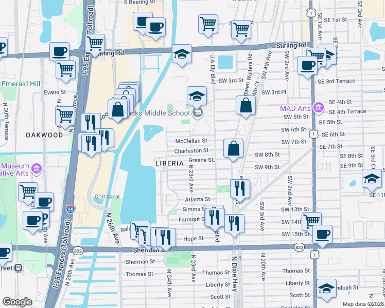 map of restaurants, bars, coffee shops, grocery stores, and more near 2302 Greene Street in Hollywood