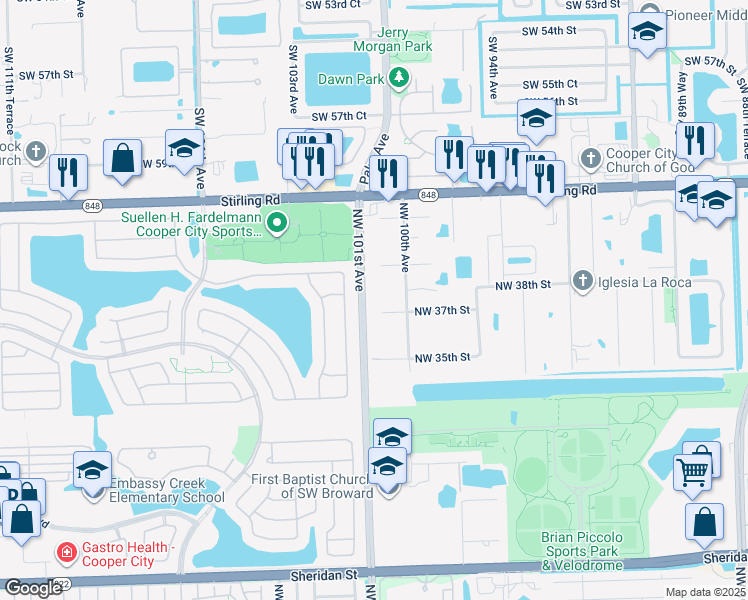 map of restaurants, bars, coffee shops, grocery stores, and more near 10030 Northwest 37th Street in Hollywood