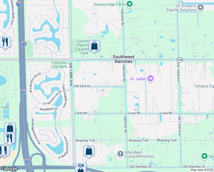 map of restaurants, bars, coffee shops, grocery stores, and more near 14400 Sunset Lane in Southwest Ranches