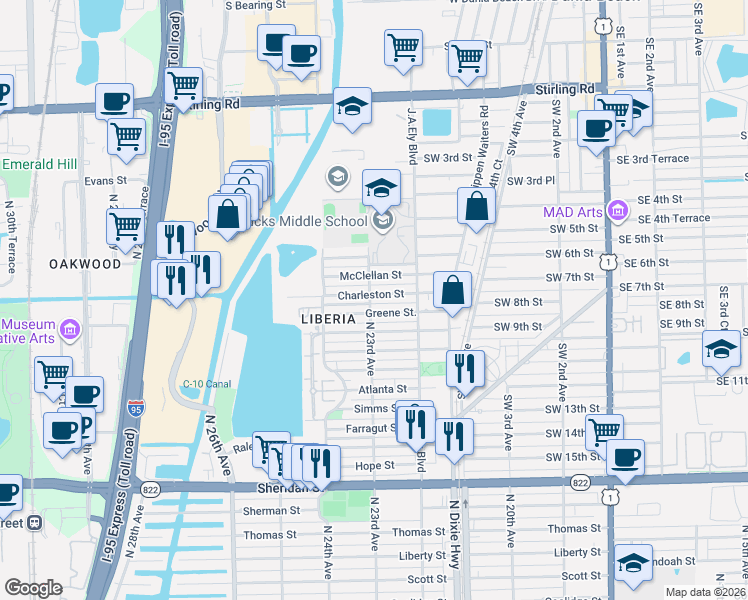 map of restaurants, bars, coffee shops, grocery stores, and more near 2260 Charleston Street in Hollywood