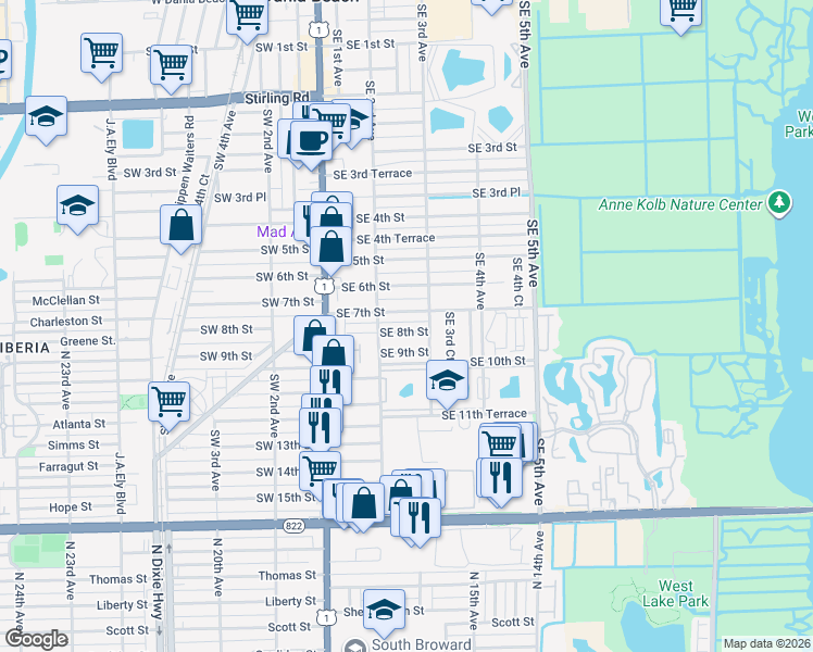 map of restaurants, bars, coffee shops, grocery stores, and more near 216 Southeast 8th Street in Dania Beach