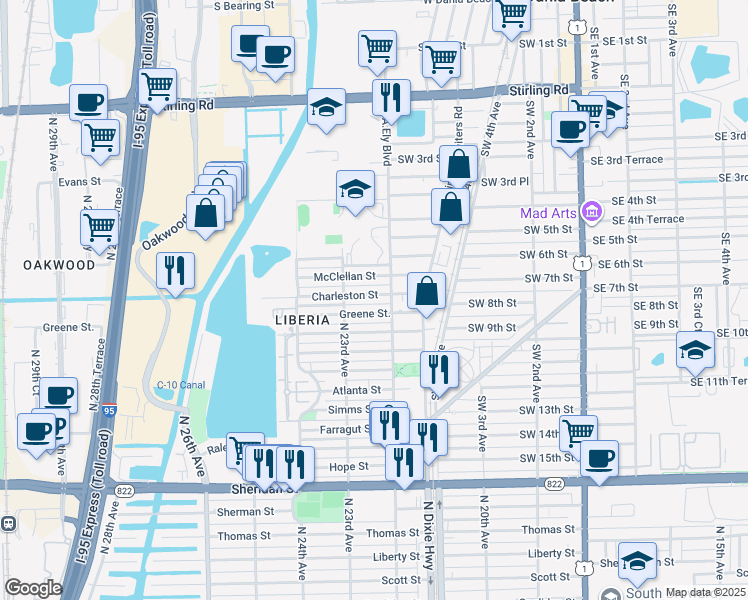 map of restaurants, bars, coffee shops, grocery stores, and more near 2230 Greene Street in Hollywood