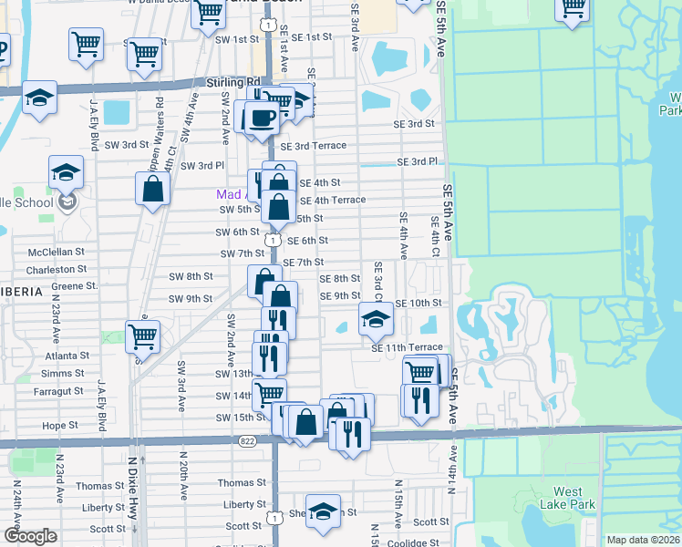 map of restaurants, bars, coffee shops, grocery stores, and more near 216 Southeast 8th Street in Dania Beach