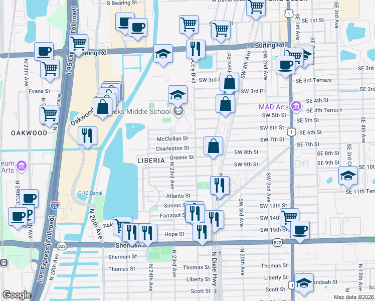 map of restaurants, bars, coffee shops, grocery stores, and more near 2230 Greene Street in Hollywood