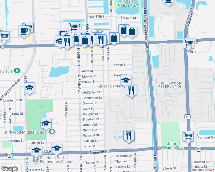 map of restaurants, bars, coffee shops, grocery stores, and more near 6467 McClellan Street in Hollywood