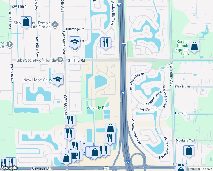 map of restaurants, bars, coffee shops, grocery stores, and more near 15520 Queens Grant Court in Davie