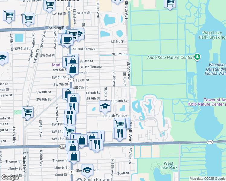 map of restaurants, bars, coffee shops, grocery stores, and more near 713 Southeast 3rd Lane in Dania Beach