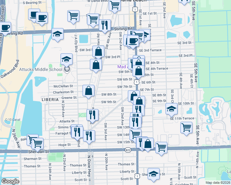 map of restaurants, bars, coffee shops, grocery stores, and more near 223 Southwest 8th Street in Dania Beach