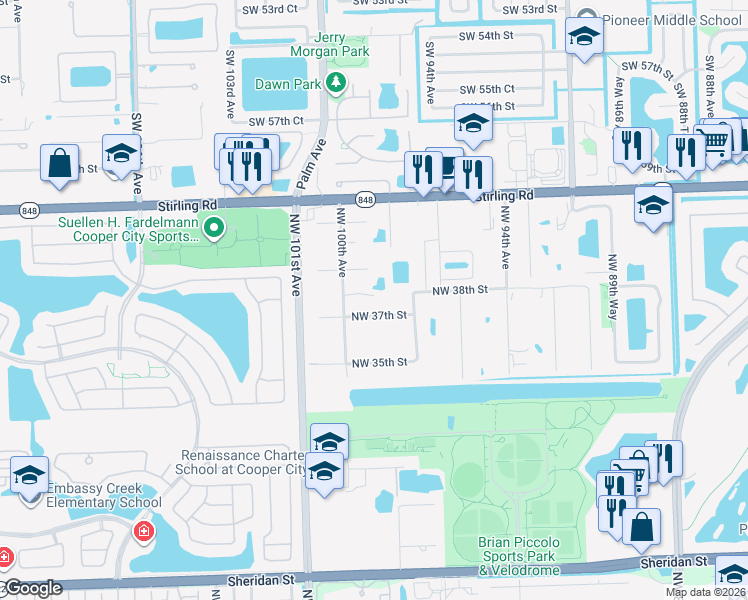 map of restaurants, bars, coffee shops, grocery stores, and more near 3800 Northwest 100th Avenue in Pembroke Pines