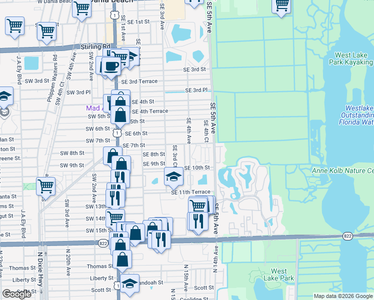 map of restaurants, bars, coffee shops, grocery stores, and more near 713 Southeast 3rd Lane in Dania Beach