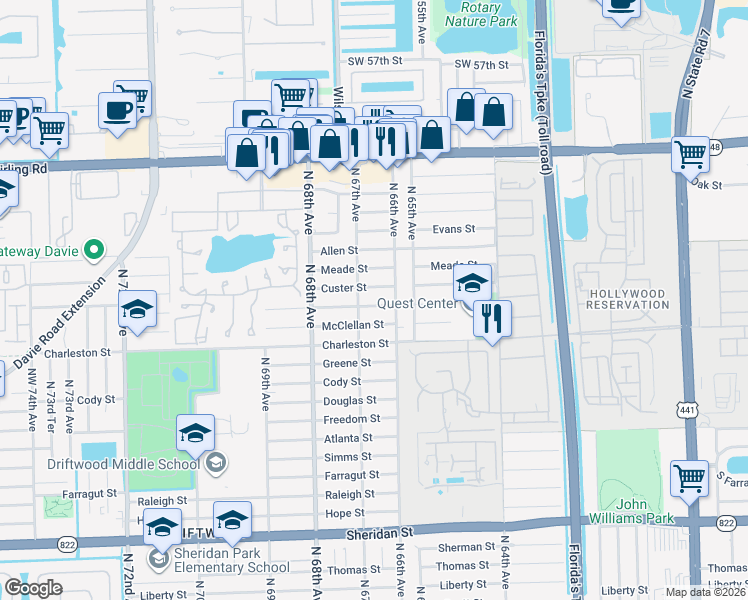 map of restaurants, bars, coffee shops, grocery stores, and more near 3400 North 66th Avenue in Hollywood