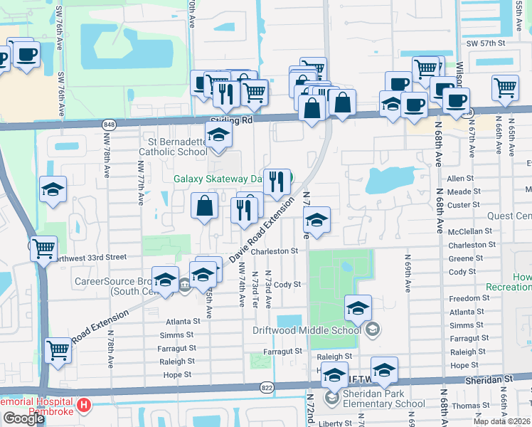 map of restaurants, bars, coffee shops, grocery stores, and more near in Hollywood