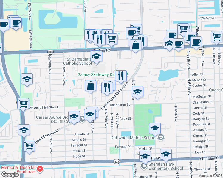 map of restaurants, bars, coffee shops, grocery stores, and more near 7373 Davie Road Extension in Hollywood