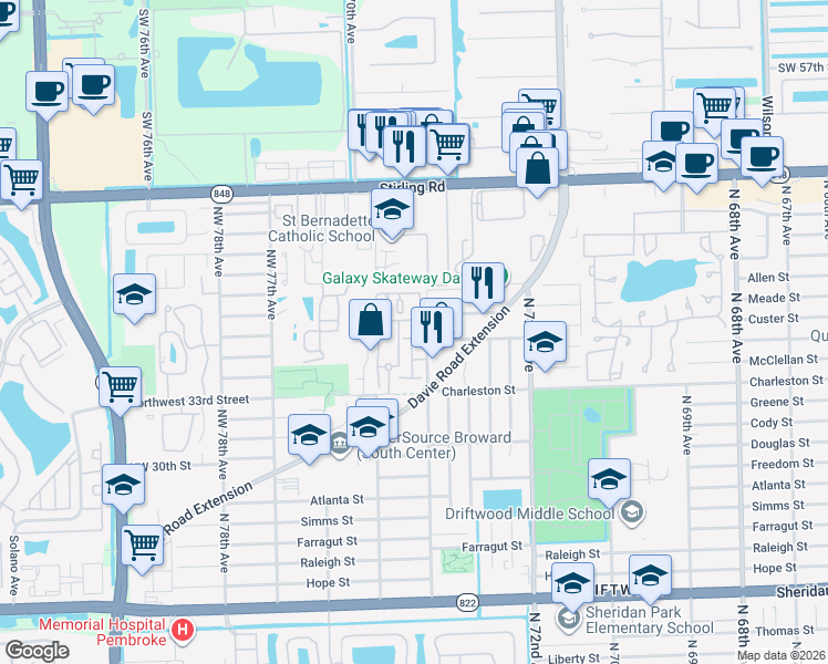 map of restaurants, bars, coffee shops, grocery stores, and more near 3311 El Jardin Drive in Hollywood