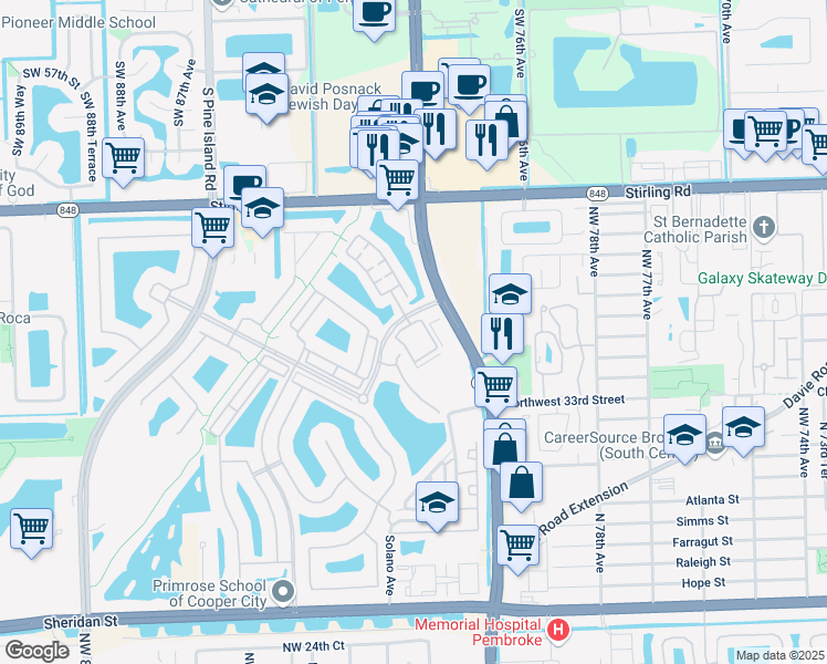 map of restaurants, bars, coffee shops, grocery stores, and more near 3909 Northwest 82nd Drive in Pembroke Pines