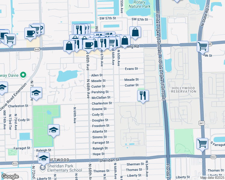 map of restaurants, bars, coffee shops, grocery stores, and more near 3400 North 66th Avenue in Hollywood