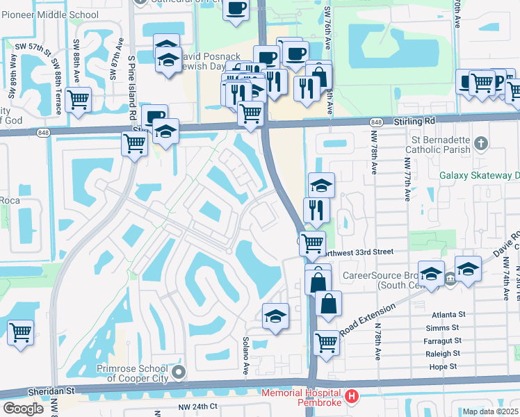 map of restaurants, bars, coffee shops, grocery stores, and more near 3909 Northwest 82nd Drive in Pembroke Pines