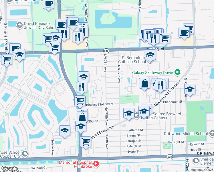 map of restaurants, bars, coffee shops, grocery stores, and more near 7791 Northwest 36th Street in Hollywood