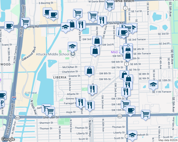 map of restaurants, bars, coffee shops, grocery stores, and more near 615 Phippen Waiters Road in Dania Beach
