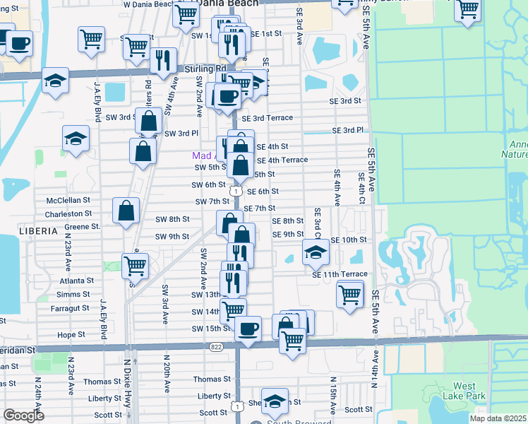 map of restaurants, bars, coffee shops, grocery stores, and more near 44 Southeast 7th Street in Dania Beach