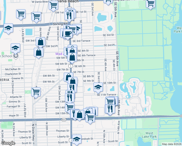 map of restaurants, bars, coffee shops, grocery stores, and more near 219 Southeast 7th Street in Dania Beach