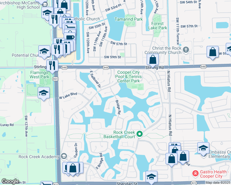 map of restaurants, bars, coffee shops, grocery stores, and more near 11700 Stonebridge Parkway in Hollywood