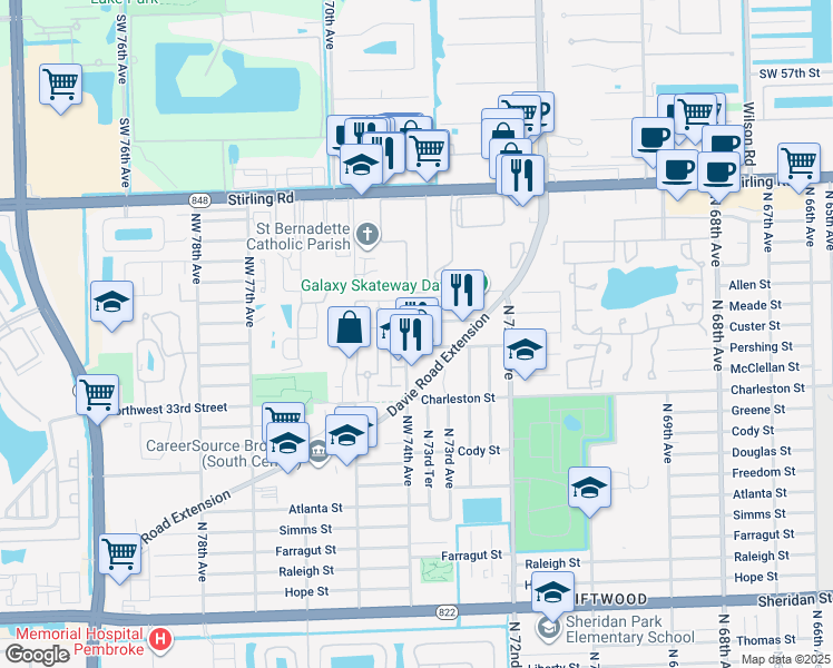 map of restaurants, bars, coffee shops, grocery stores, and more near 7391 Northwest 37th Street in Hollywood