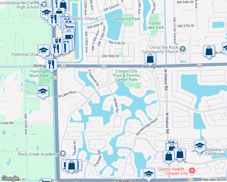 map of restaurants, bars, coffee shops, grocery stores, and more near 11700 Stonebridge Parkway in Hollywood