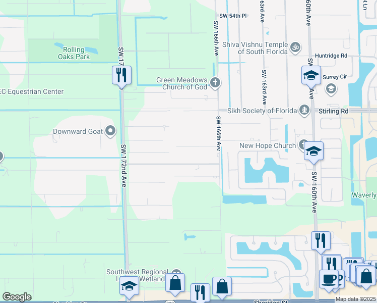 map of restaurants, bars, coffee shops, grocery stores, and more near 16725 Southwest 62nd Street in Southwest Ranches